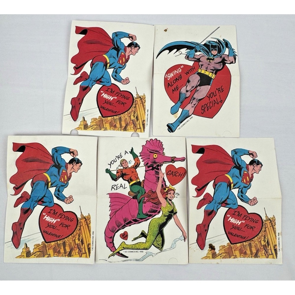 VTG 80's DC Comics Valentine's Day Cards (5) AQUAMAN Batman Superman‎ Unused